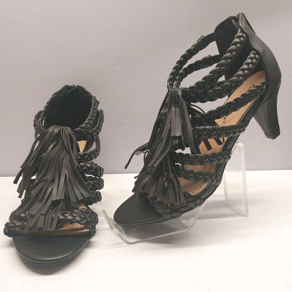 Comfortview Black Braided Fringe Heeled Sandals Womens 7M Open Toe Boho